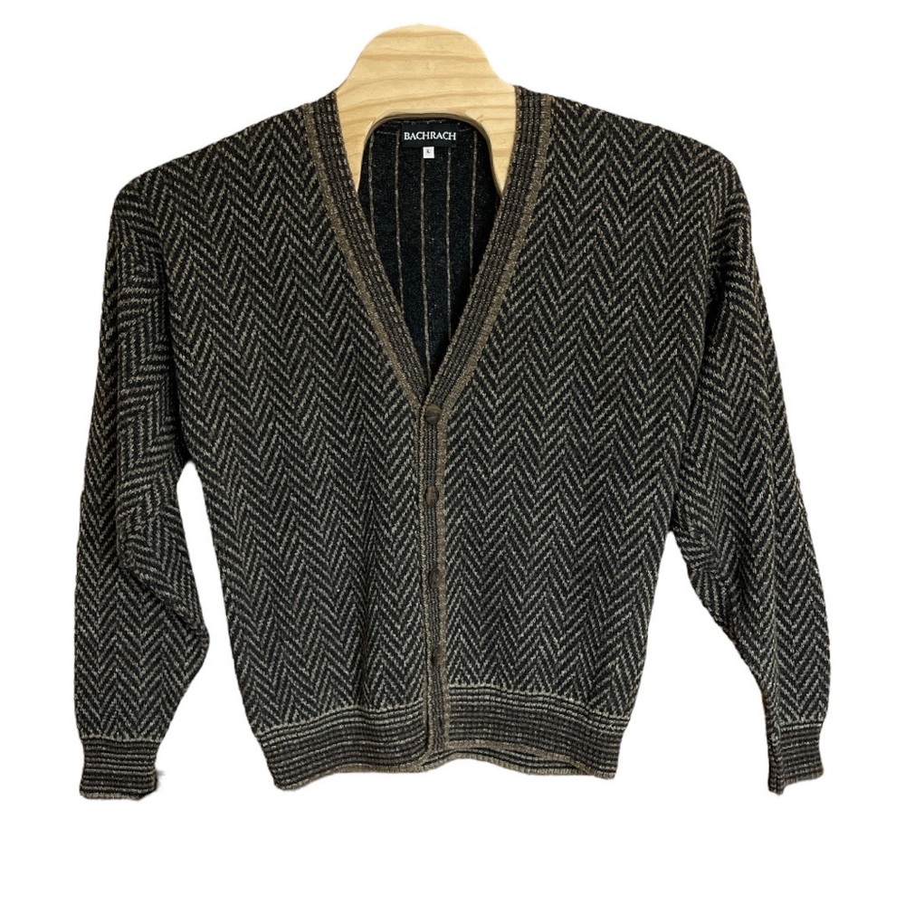 Bachrach Vintage Cardigan Sweater Black Brown Chevron Men’s Large Union Made